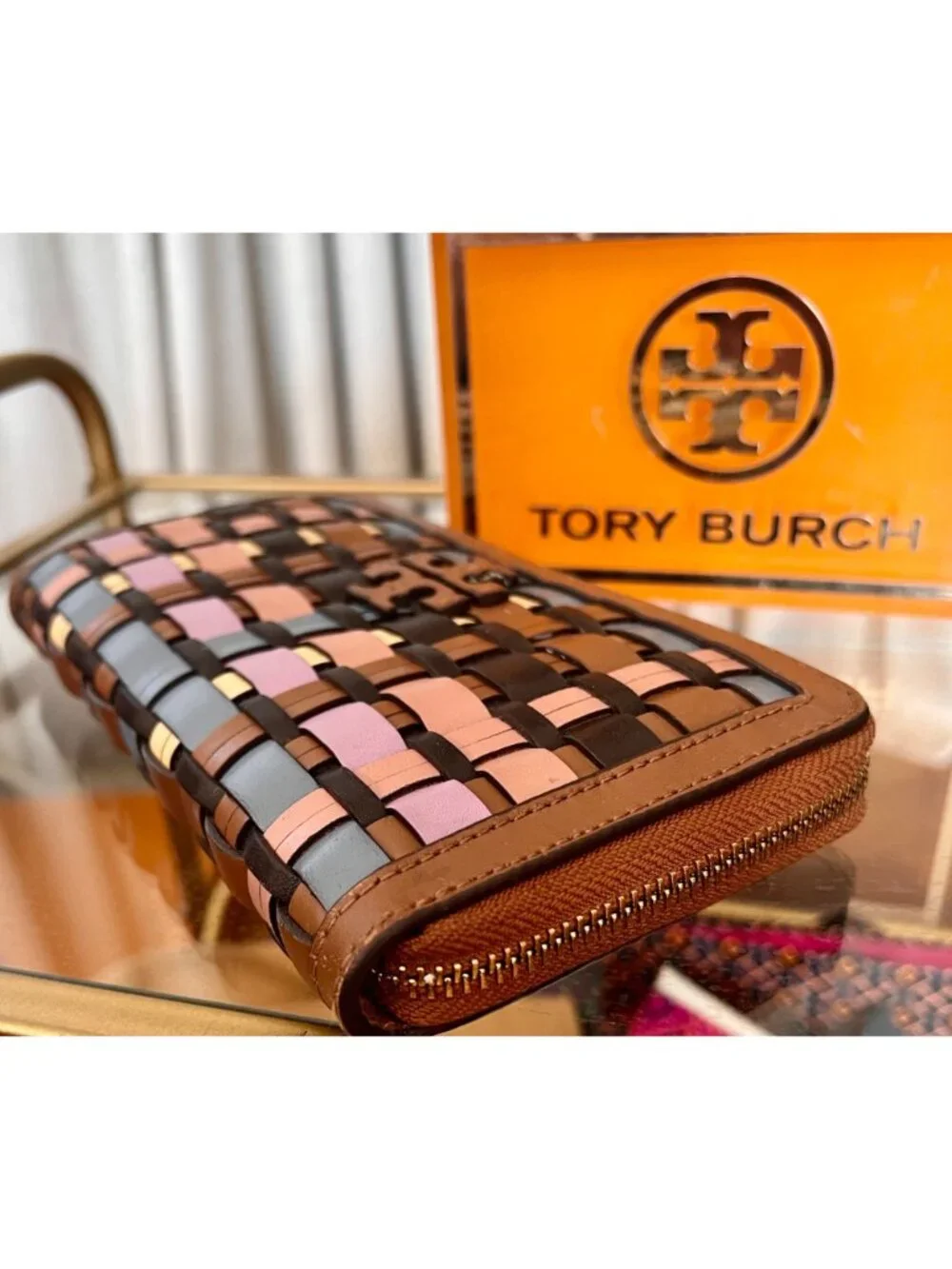 Tory Burch Womens Woven Leather Zip Wallet Multicolor Compact Design Brown Pink